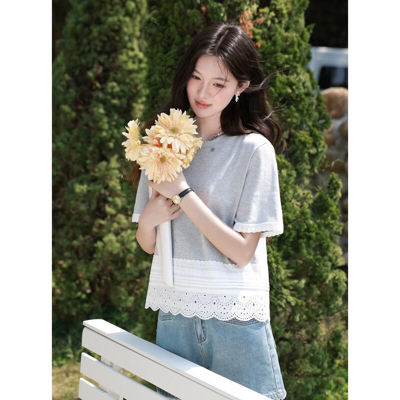 

Women s Grey Lace Splice Short Sleeve T-Shirt M