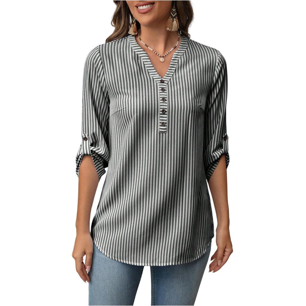 Ladies' Fashionable And Casual Semi Open V-neck Seven Quarter Sleeve Striped Versatile Design Top