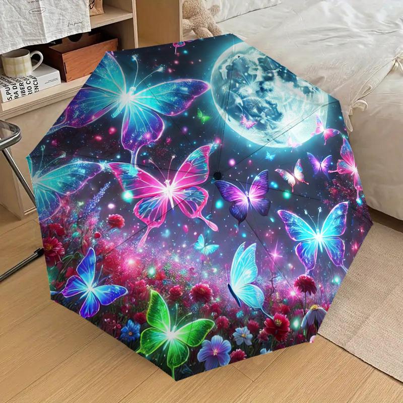 1pc Enchanted Night Garden with Butterflies and Moon Umbrella with Plastic Handle,Suitable for All Seasons Home Travel Outdoor UmbrellaDD1531