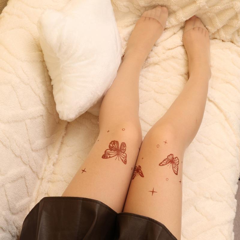 Sexy Women Complxion Tights Vintage Y2K Butterfly Print Transparent Silk Pantyhose Girls Lolita Summer Thin Thight High Stocking