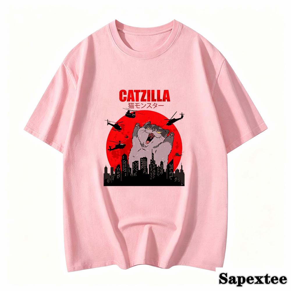 Funny Cute Art Japanese Cat Graphic for Cat Lover Catzilla Tshirts Oneck Unisex Clothing Streetwear Short Sleeve T Shirt Clothes