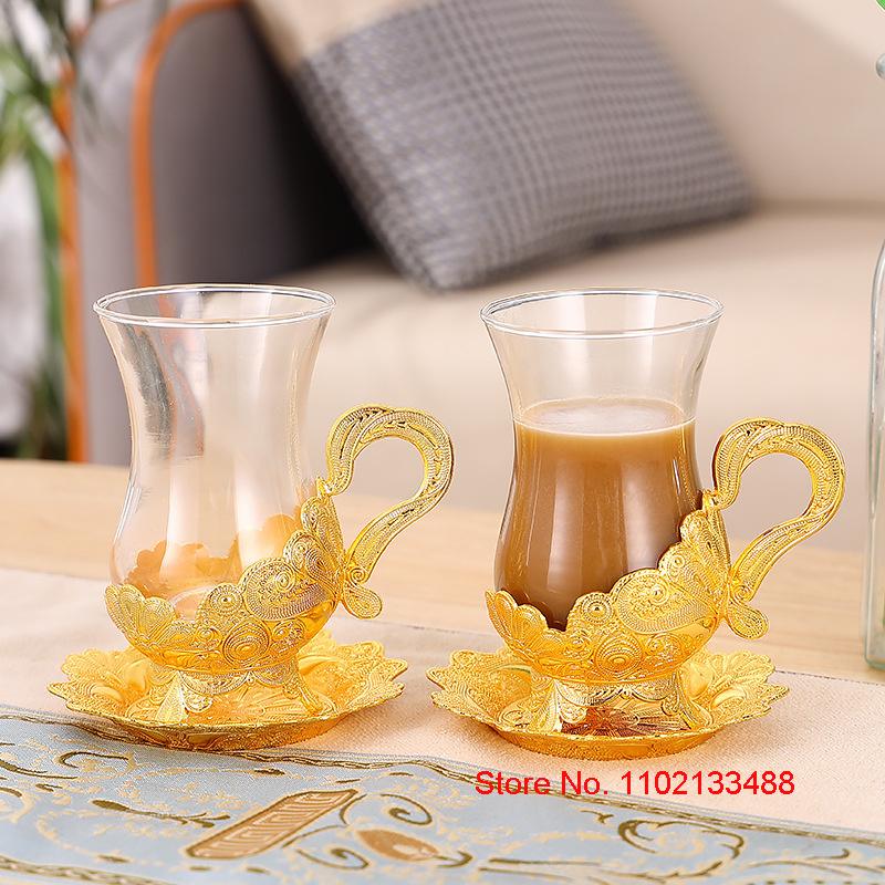 Luxury Gold Coffee Cup And Saucer Set Royal Court Exclusive Glasware Middle East Arabic Black Tea Glass & Dish Set Mug Plate Set