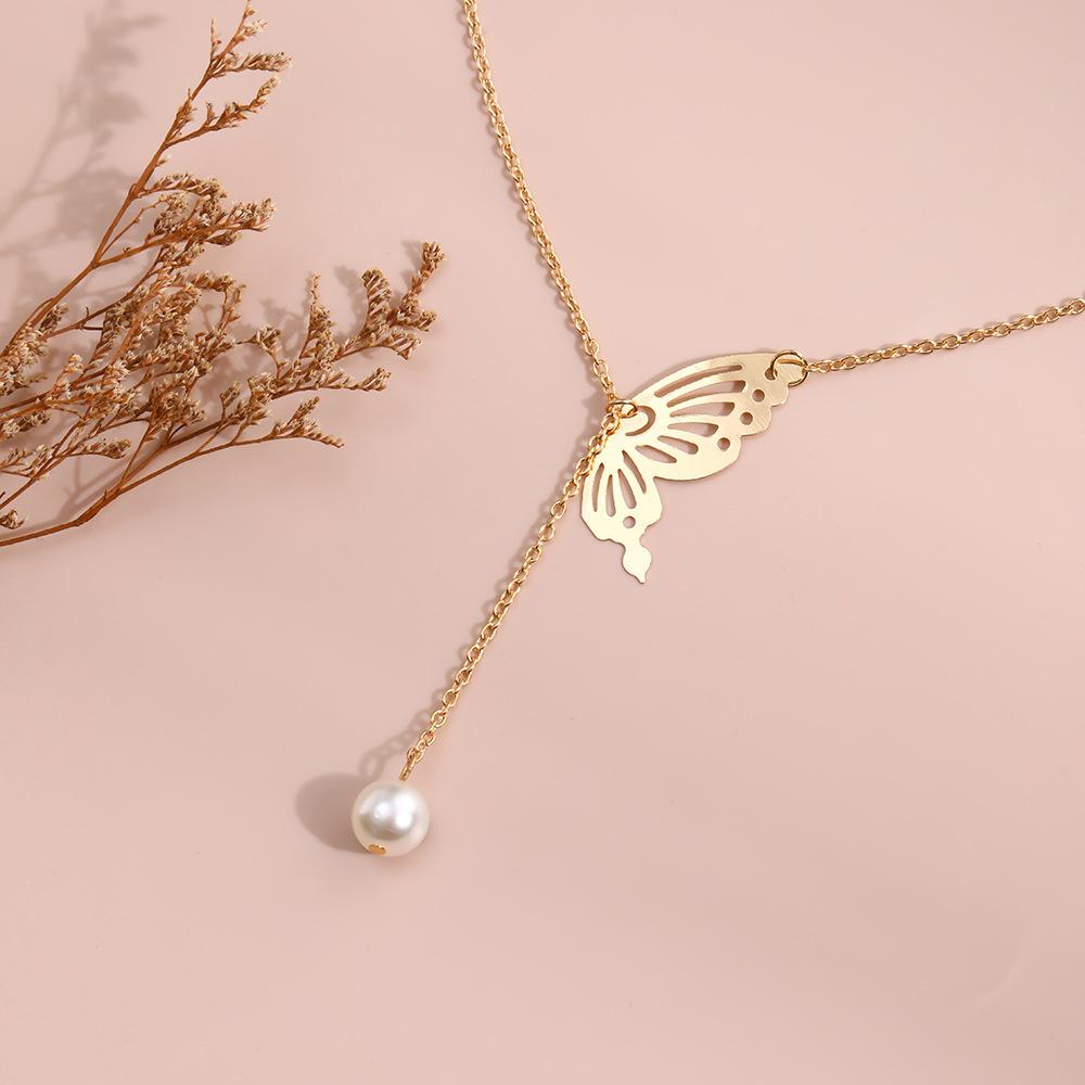 Hot Sale Vintage Fashion About Design Gold Butterfly Necklace Pearl Pendant Necklace