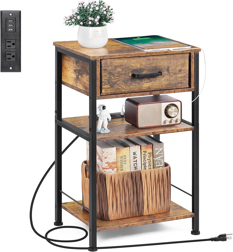 Nightstands with Charging Station,End Tables Living Room with USB Ports and Outlets Nightstand for Small Spaces Fabric Drawer