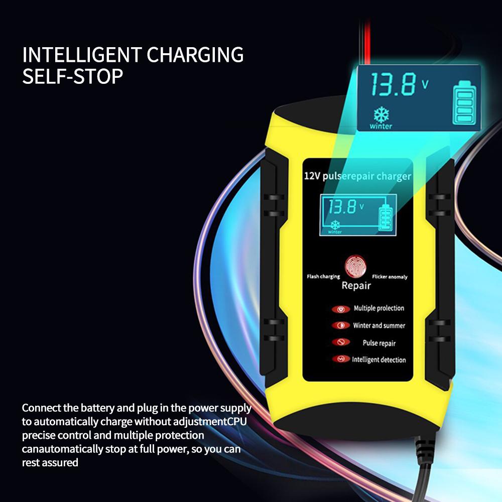 12V 6A Plně automatická nabíječka autobaterií 110V až 220V Rychlá výkonová pulzní opravná nabíjení pro mokré suché olověné kyseliny s digitálním LCD displejem