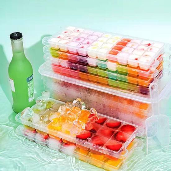 Tácek na kostky ledu s víkem, naběračka, 32 dutin, otočné uvolnění, stohovatelná forma na kostky ledu, výrobník kostek ledu na koktejly, sodu, kávu, kuchyňské pomůcky