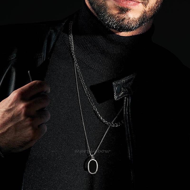 Men Necklace, Oval Round Pendant, Stainless Steel Minimalist Black Pendants.French Style Vintage Men Jewelry