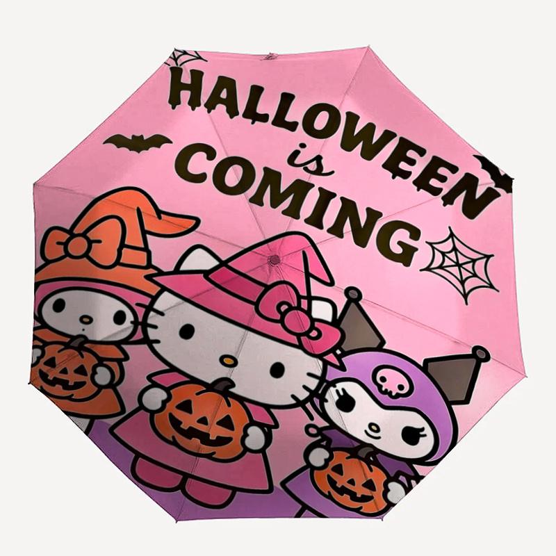 1pc Hello Kitty Halloween Pumpkin Lantern Automatic Opening/Closing Umbrella - Portable Three-Fold Design with 8-Bone Iron Frame - Outdoor, Gift for F
