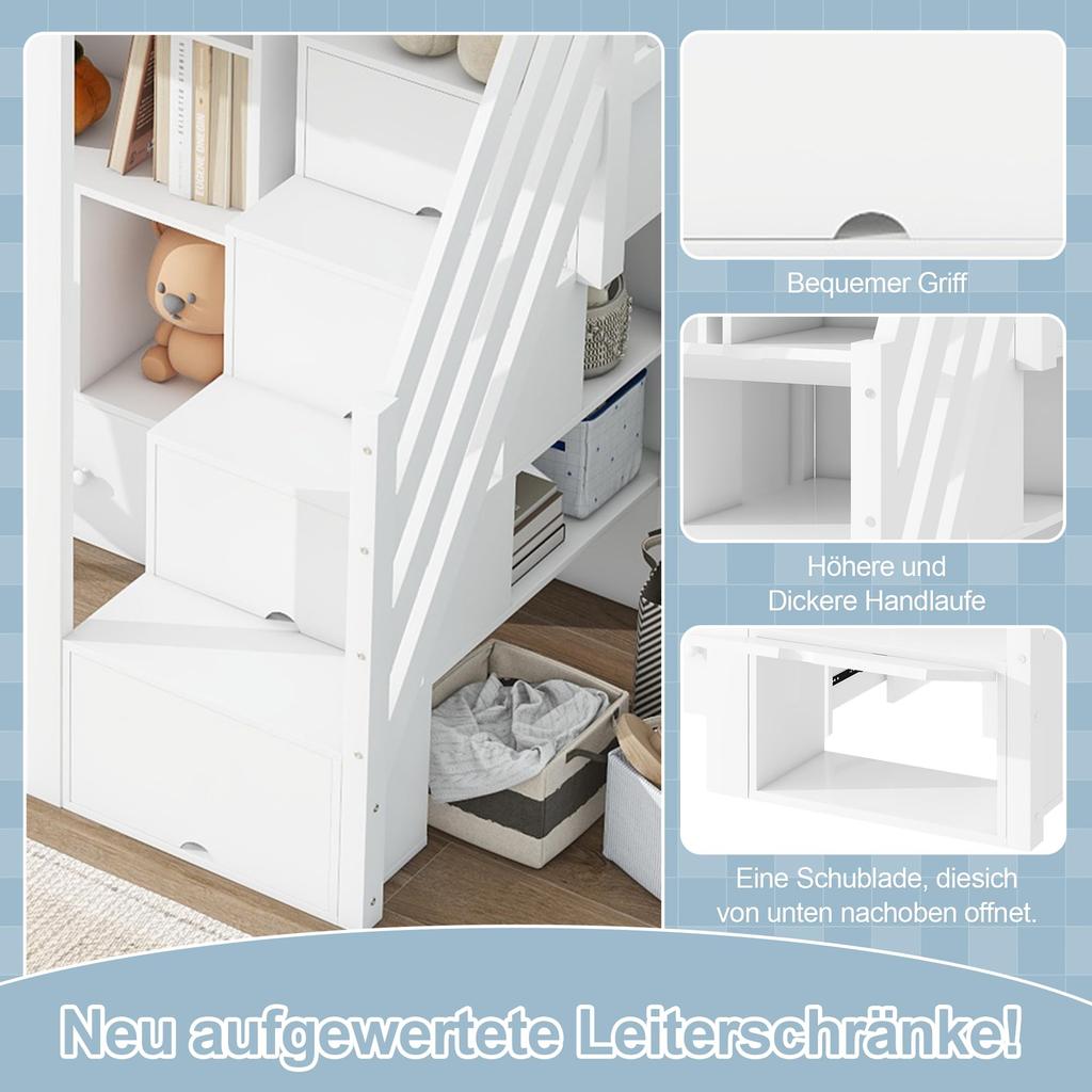 Hochbett 90x200, Kinderbett mit Schreibtisch und Schubladen, Stauraumbett mit Offener Stauschrank und Verstaubare Trittleiter, Bettgestell mit Latt...