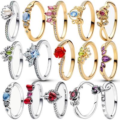 925 Sterling Silver All Princess Series Tiara,Aladdin Jasmine, Rapunzel Tiara Ring Women Finger Ring for Party Jewelry