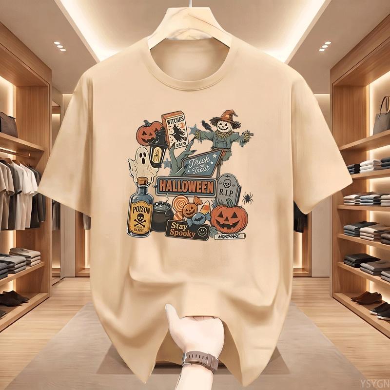 Halloween Tshirt Unisex Unisexs Spooky Season Graphic Tee Pumpkin Ghost Scarecrow Tshirt Cotton Short Sleeve Loose Tees