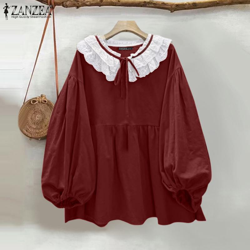 ZANZEA Dámská krajková háčkovaná halenka s kulatým výstřihem, volná, s dlouhým rukávem