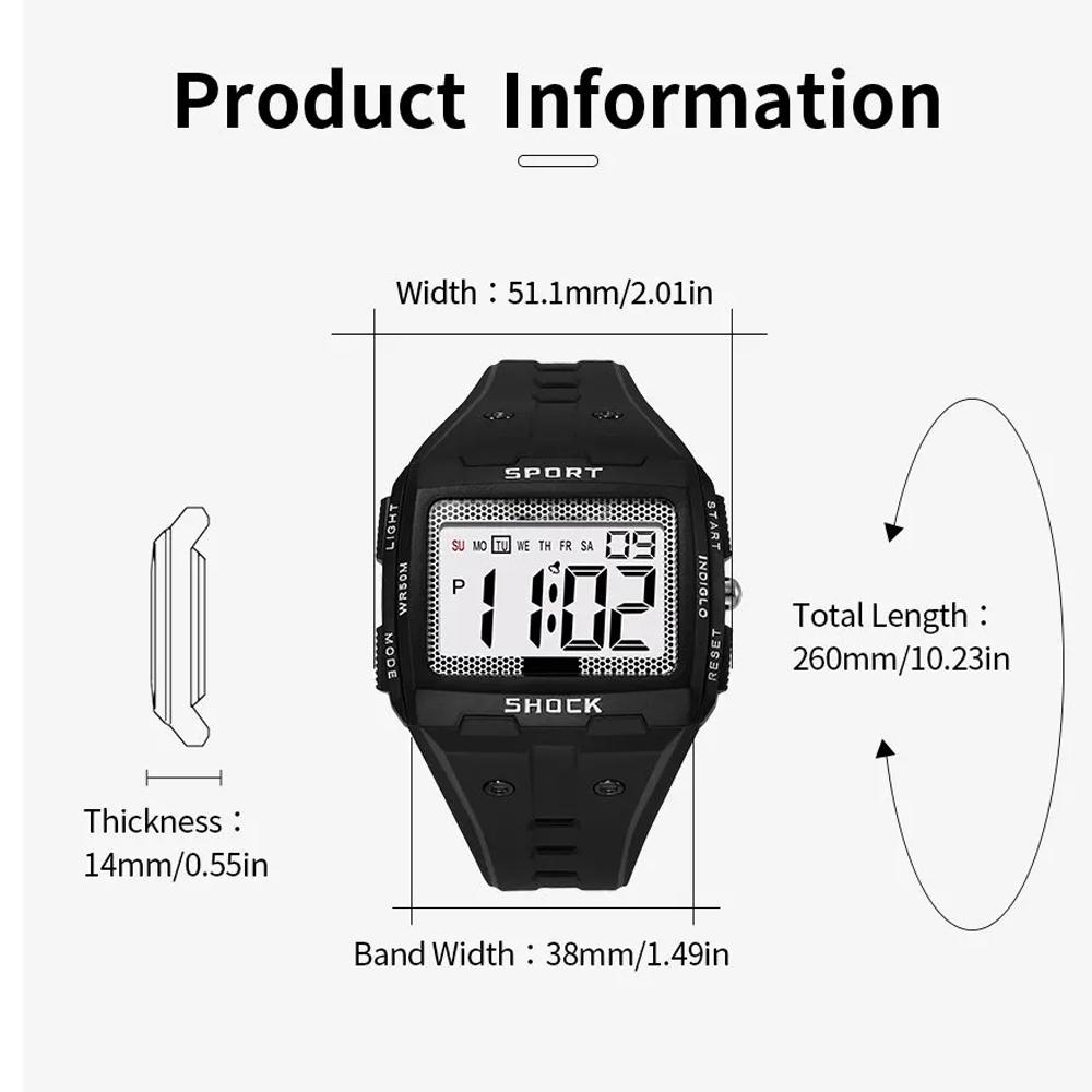 Ceas Electronic Sport pentru Bărbați Rezistent la Apă Lumină de Noapte Ecran Mare Pătrat Exterior Alergare Camping Ceas Studențesc
