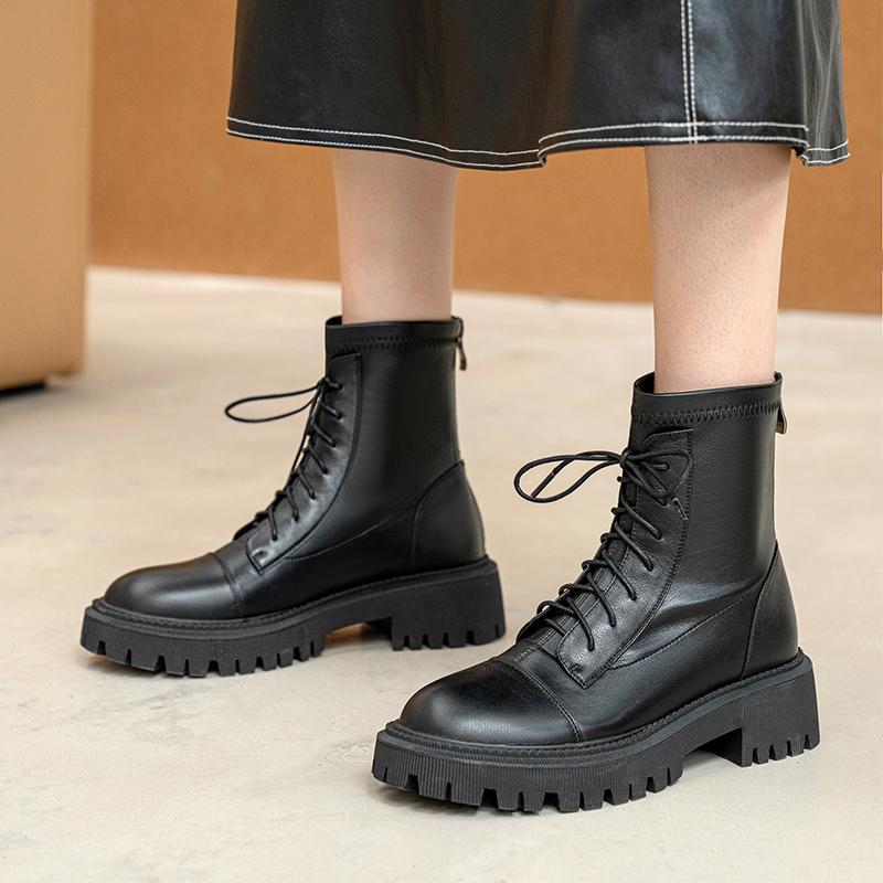 Fashion 2024 New Genuine Leather Winter ZIP Women Boots Fashion Round Toe Chunky Heel ANKLE Boots Platform Shoes Women Shoes Stretch