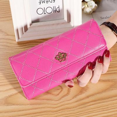 Women Girl Rhombus Pattern Thin Wallet For Party Metal Hearts Crown Long Purse CLE