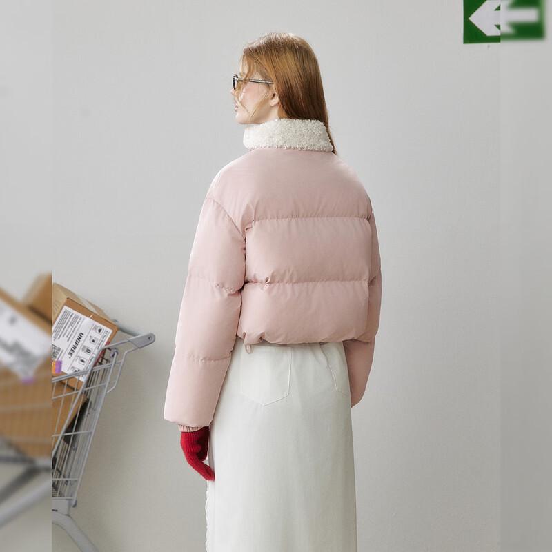 UNIFREE Women's Short Down Jacket with Lamb Wool Collar & Rhinestones