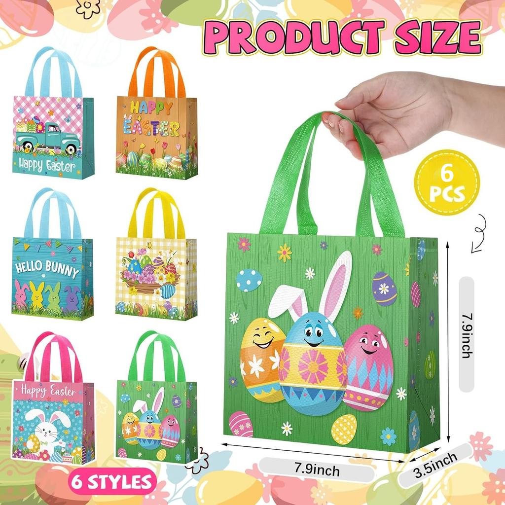 6 Pieces Easter Gift Bags Bulk Reusable Cute Easter Tote Bags with Handles Bunny Eggs Non Woven Holiday Goodie Basket