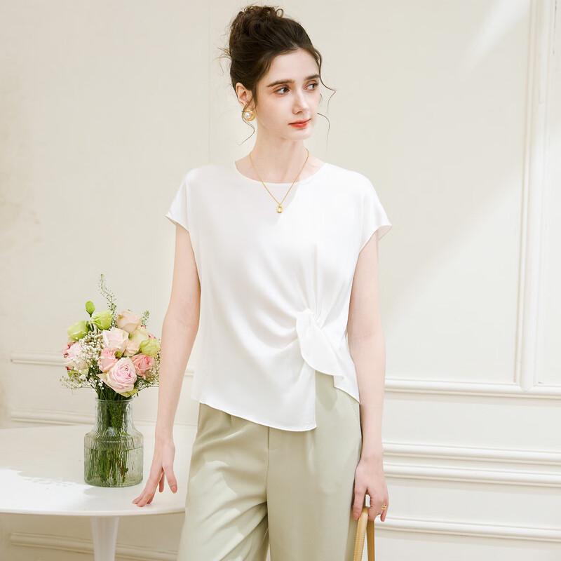 TUHUANG Women's Silk Blend Round Neck Twist Knot Split Top