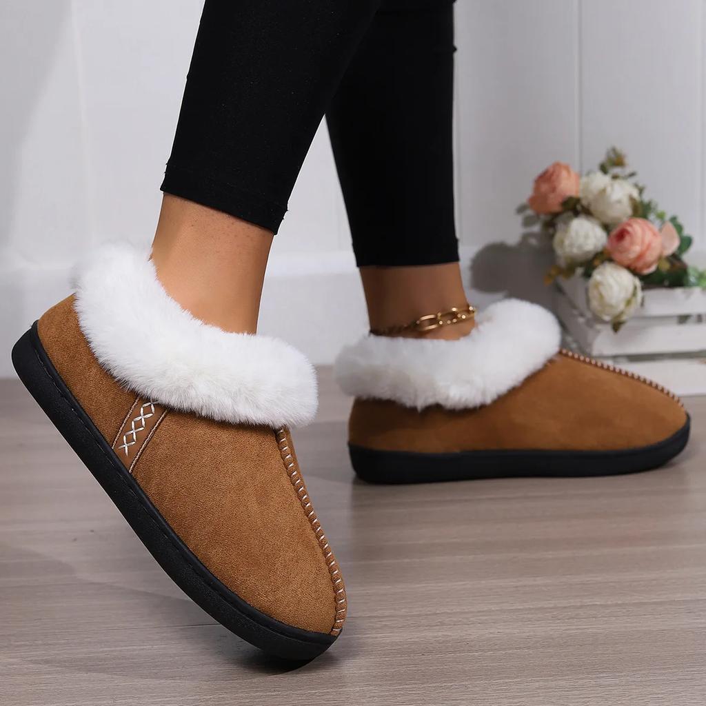 Women Winter Warm Cotton Shoes Soft Sole Indoor Home Fluffy Slippers Woman Comfortable Flat Heels Non Slip Faux Fur Slippers