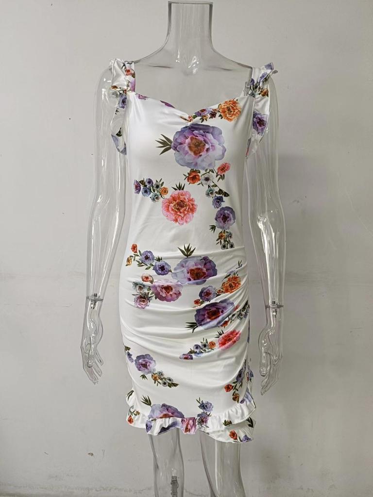 Summer 2026 Floral Print Ruffle Sleeveless V-neck Dress