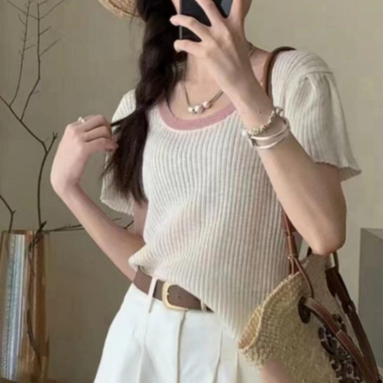 Fashion Clashing Color Knit Short Sleeve T-shirt Women Summer Round Neck Slim Short Unique Chic Small Tops Casual Essential Slim Fit Pullovers Tees