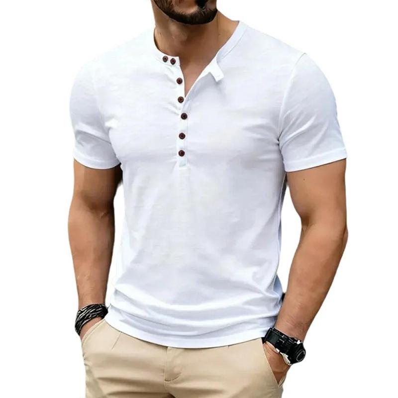 New Design Men's Summer Solid Color T-Shirts Bamboo-Handled Henry Collar Casual Button Short Sleeve Top Tees Hip Hop Streetwears