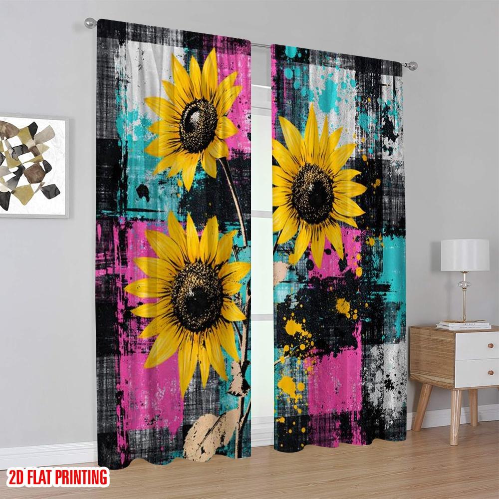 2D flat printing 2pcs Curtain Curtain Vibrant Sunflower Digital Printed Polyester Drapes Birthday Party Perfect for Yard &