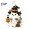 Pumpkin Party Supplies Halloween Wooden Ghost Welcome Sign for Front Door, Rustic Cartoon Hanging Door Plaque with Wizard Hat And Broom Holiday