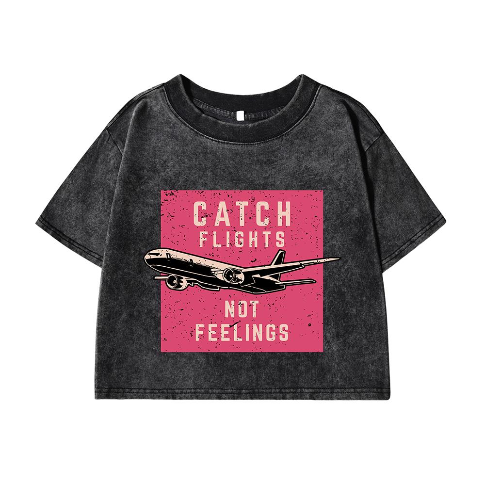 Women Cotton Washed T-Shirts Fashion Distressed Regular Fit Crop Tops Catch Flights Not Feelings Printing Tees Clothes