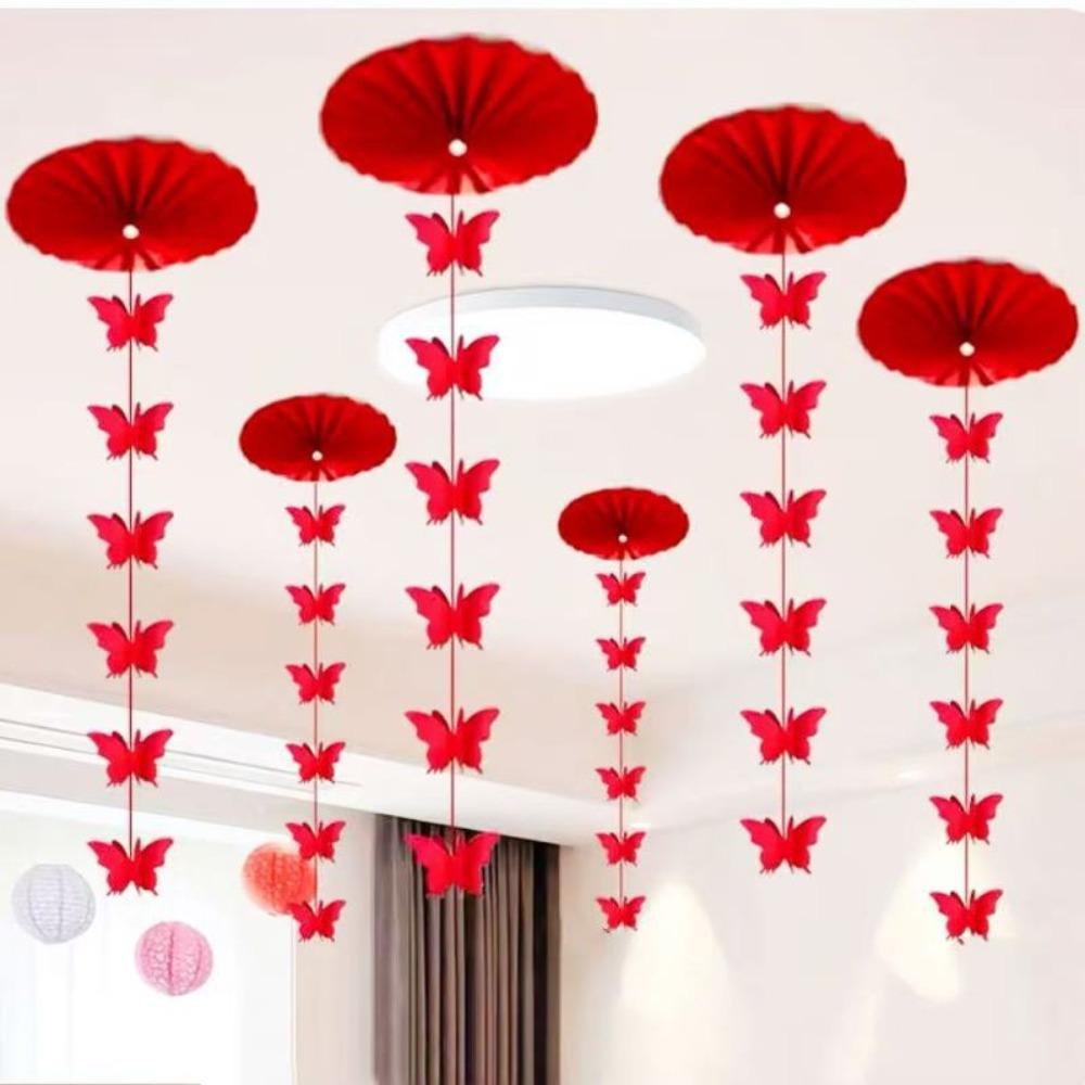 Nova Bandeira de Borboleta Vermelha Estilo Chinês Artesanato DIY Ornamento para Pendurar no Teto Ventilador de Papel Tradicional Decoração Celebração de Casamento