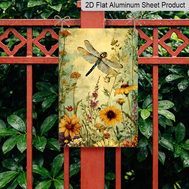 2D Flat - 1pc Vintage Dragonfly Floral Metal Sign | Aluminum Wall Art Decor, Garden Cafe Garage Engraving, 8x12 Inch, for Home Restaurant Indoor