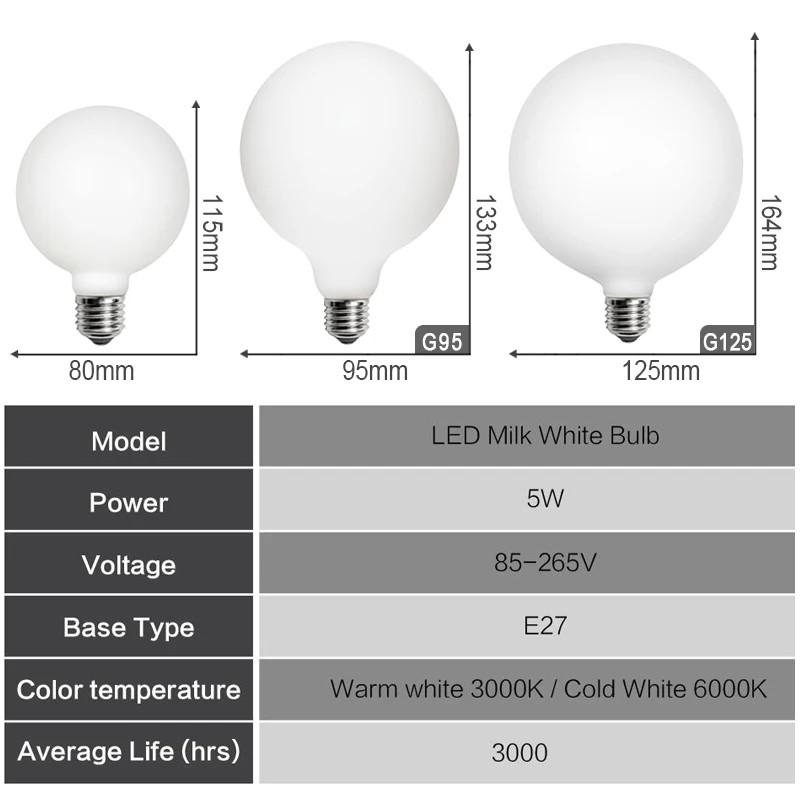 G80 G95 G125 Milky Glass Bulb E27 5W Edison LED Bulb AC110V 20V Round Bulb Cool/Warm White Lampada LED Sound Control AC 85V-265V