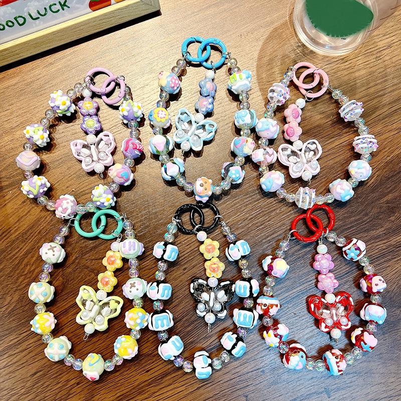 Y2K Themed Butterfly Pendant Phone Lanyard and Wristband; Cute Phone Strap with Beaded Chain and Keyring Camera Charm for Girls