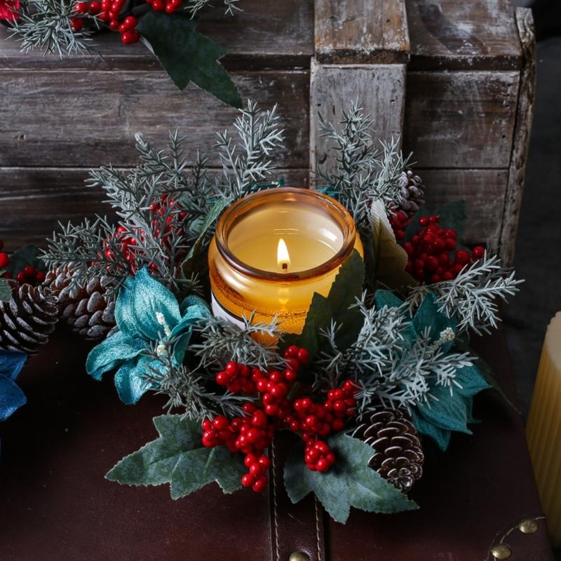Door Wall Window Christmas Ornament Artificial Pinecone Candlestick Wreaths with Red Berries & Leaf Table Centerpiece