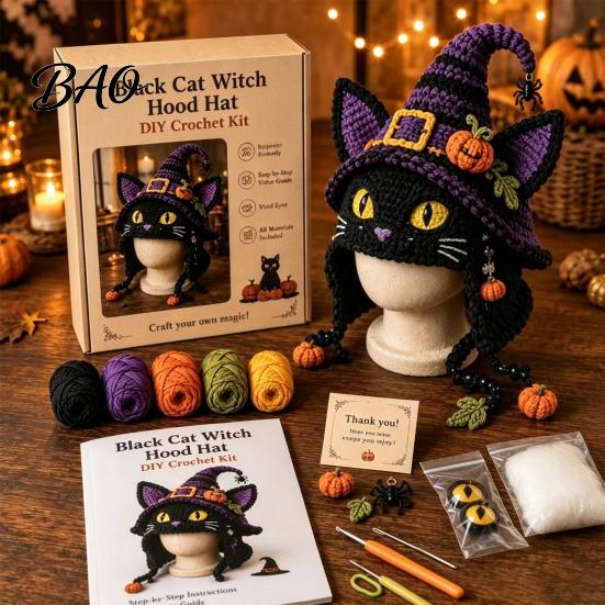 Parent Child Art Project Highland Cow Hat Crochet Kit, Halloween Pumpkin Spider Hood Handmade Holiday Ornament DIY Craft Kit for Adults Teens
