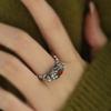 Vintage Thai Silver Ring With Red Agate Inlay Adjustable Open Cuff Traditional Coin Pattern For Women