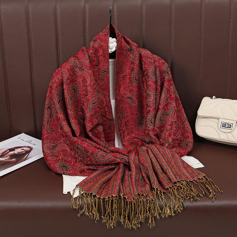 

[T077] Ethnic Style Tassel Blanket Thick Pashmina Winter Warm Shawl Wrap Cashmere Jacquard Scarf Women Neckerchief Poncho Stoles 60x180cm