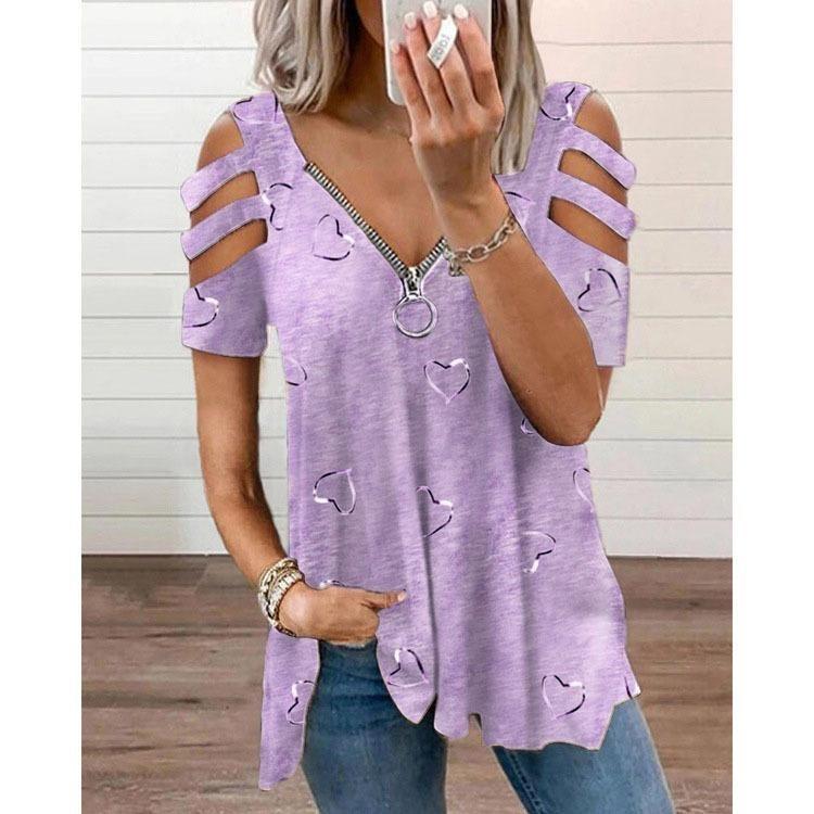 Women Plus Size Summer Casual V Neck Short Sleeve Hollow Zipper T Shirt