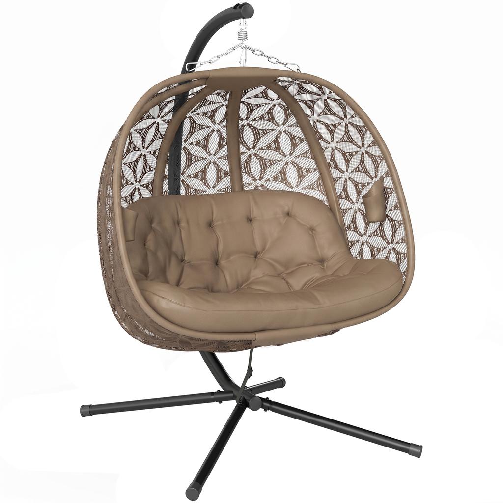 Outdoor Double Hanging Chair with Cushion and Cup Holders, Sand Brown