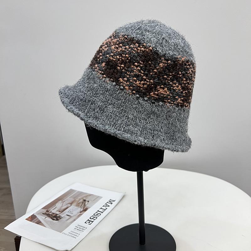 Mohair Wool Knitted Bucket Hat Women's Simple Contrasting Color Hat Waist Fashionable Retro Versatile Fisherman Hat