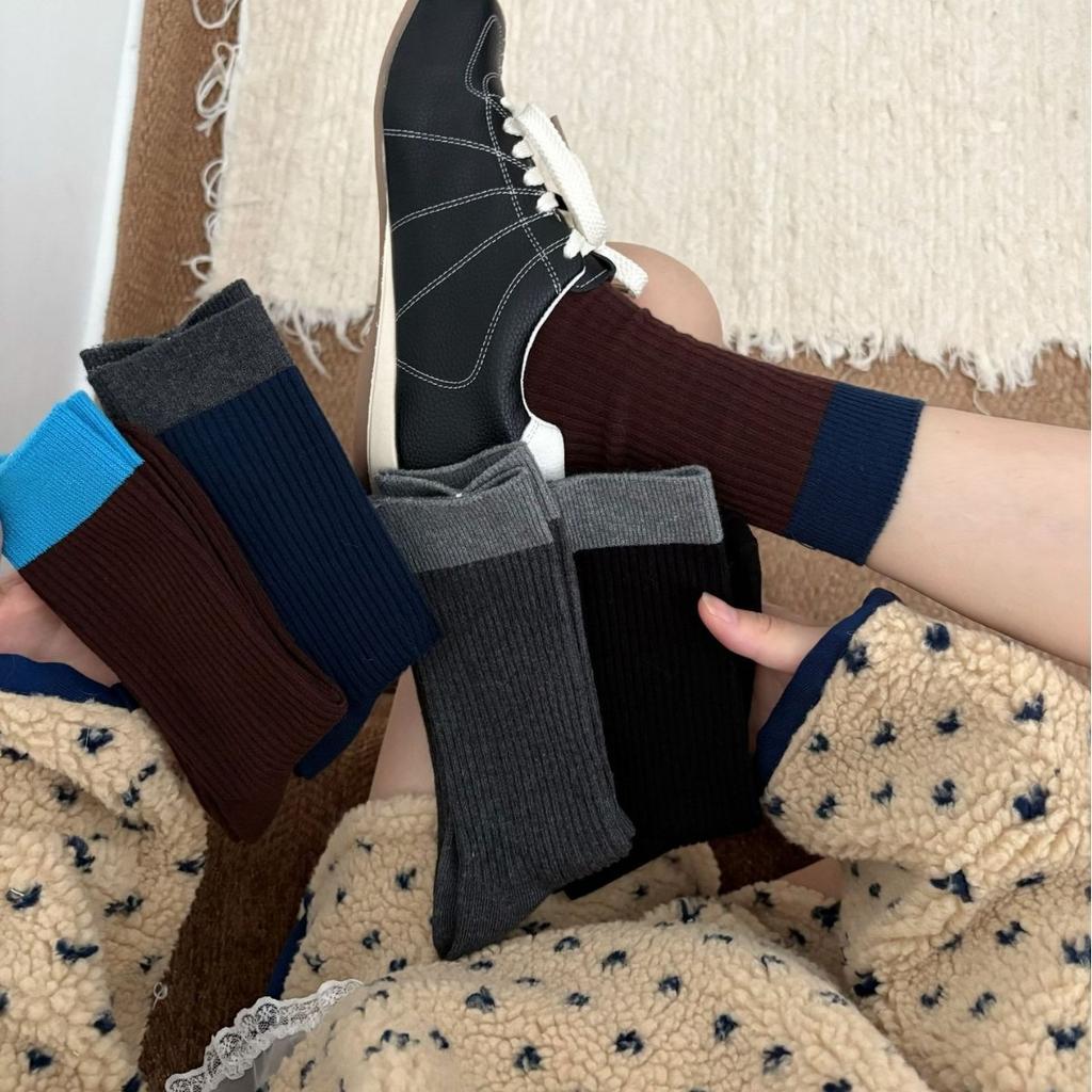Autumn and Winter Retro Women's Socks In Navy Blue and Brown, Double-needle Mid-calf, Pile Socks, Versatile and Color-blocking for Women