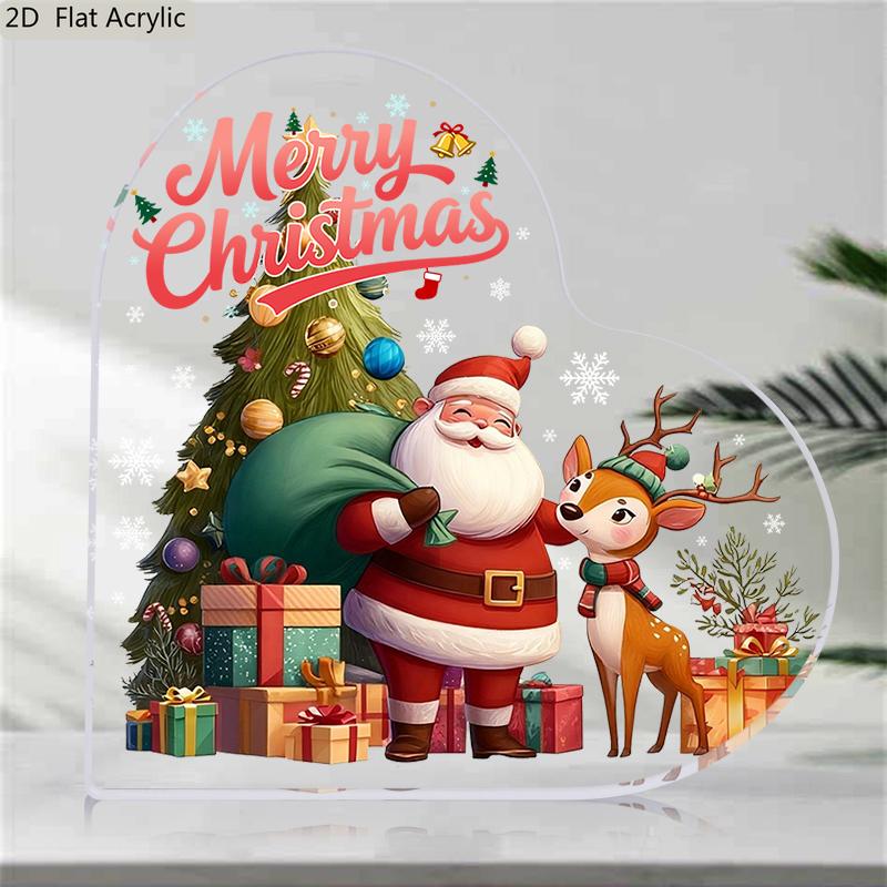 2D Flat Heart-Shaped Acrylic Christmas Desktop Decoration, Santa Claus & Reindeer Design, Snowy Tree & Presents, Suitable for wall decoration, porch,