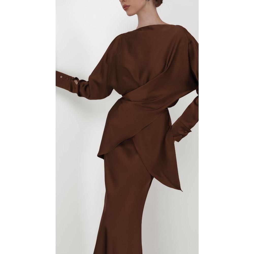 European and American Hot Style Elegant Satin Suit Women's Long Sleeve Tie Top Two-piece Skirt Set