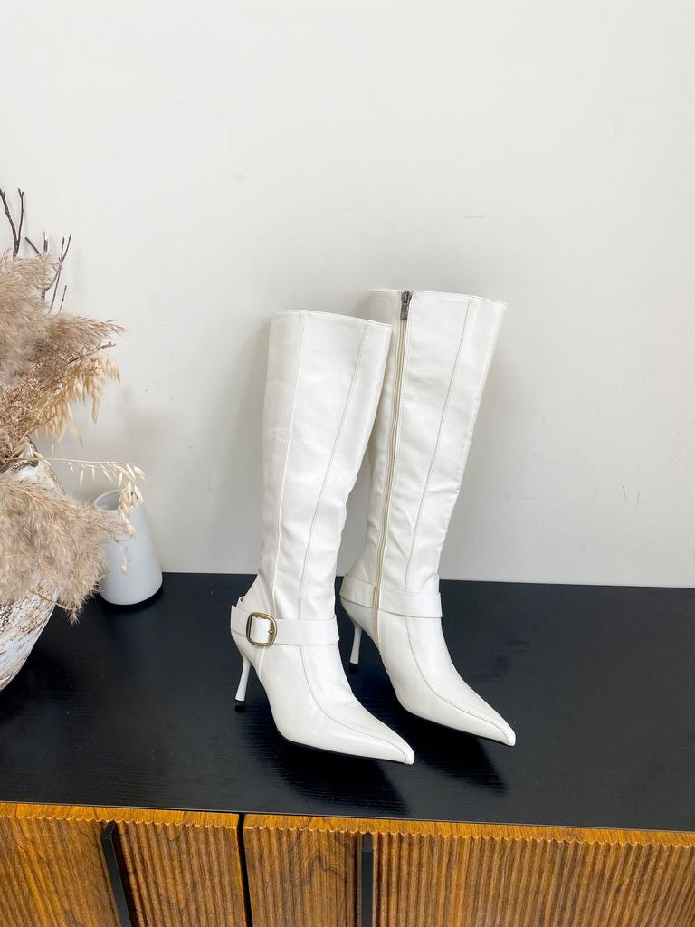 Pointed high-heeled boots but knee boots, thin boots, new belt buckle high boots