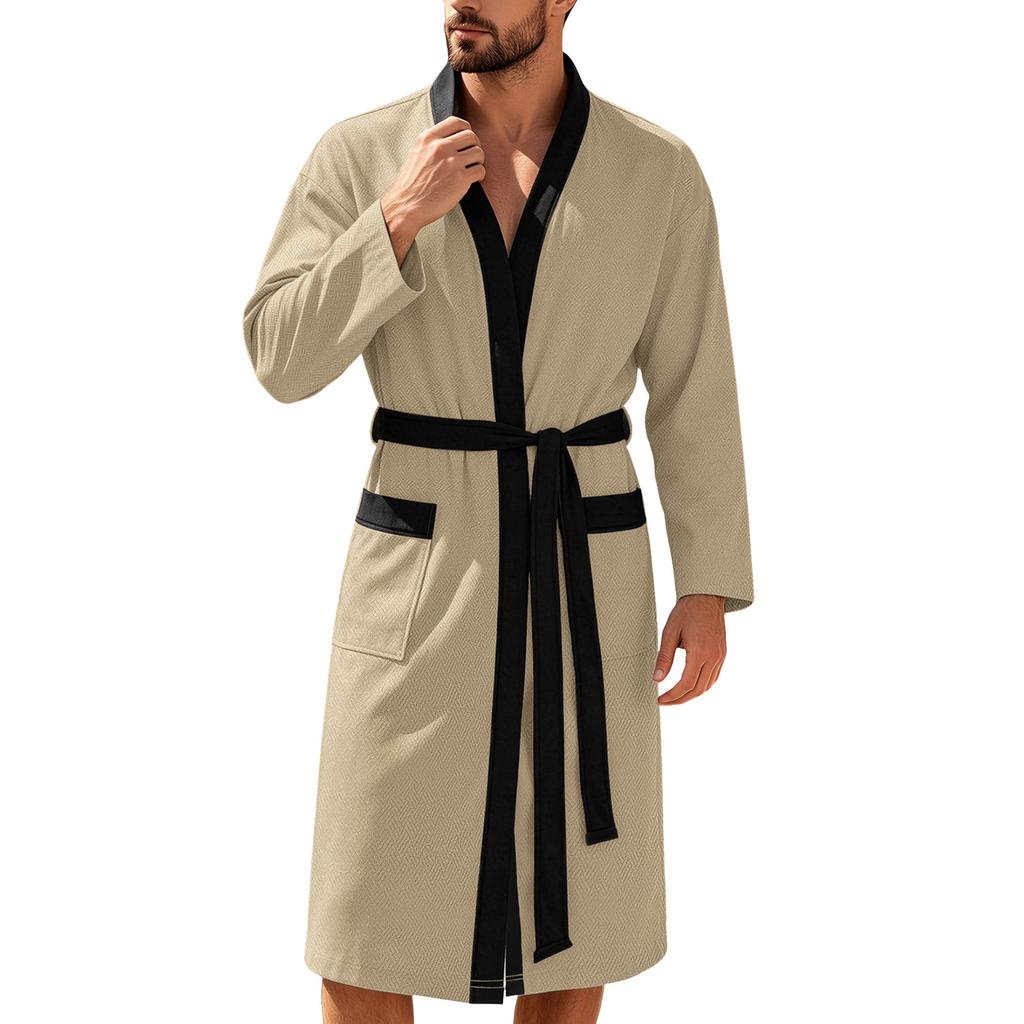 Heren Lange Twill Zachte Effen Taille Geband Casual Loungewear Badjas met Afwerking en Zakken voor Thuis of Vakantie