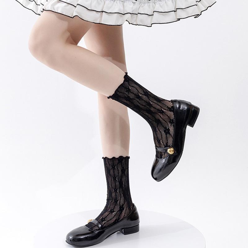 

Летние женские носки кружевные цветочные сетчатые в стиле Лолита милые тонкие средней длины прозрачные носки для девочки сладкие дышащие дизайнерские носки size eur 34-42