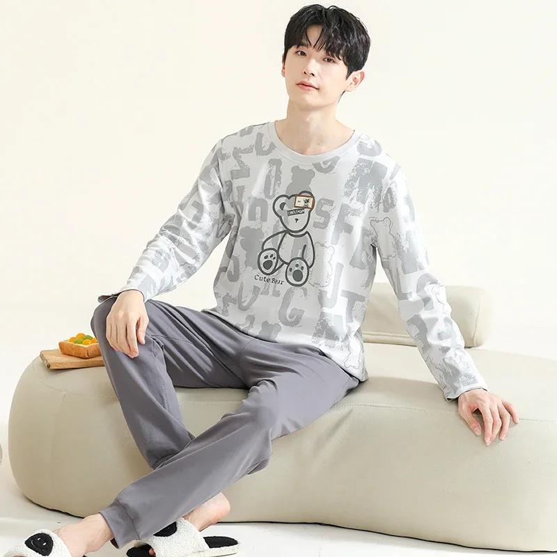 Baumwolle Herren Pullover Nachtwäsche Herbst Frühling Langarm Nachtwäsche 2 Stück Pyjamas Set Männlich