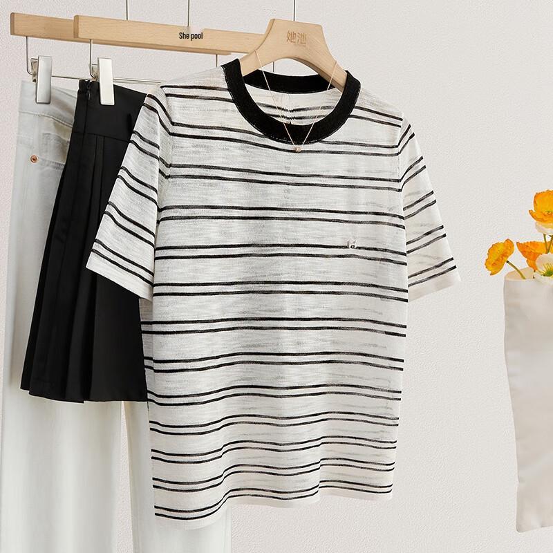 Women s Striped Short-Sleeve Knit Top L