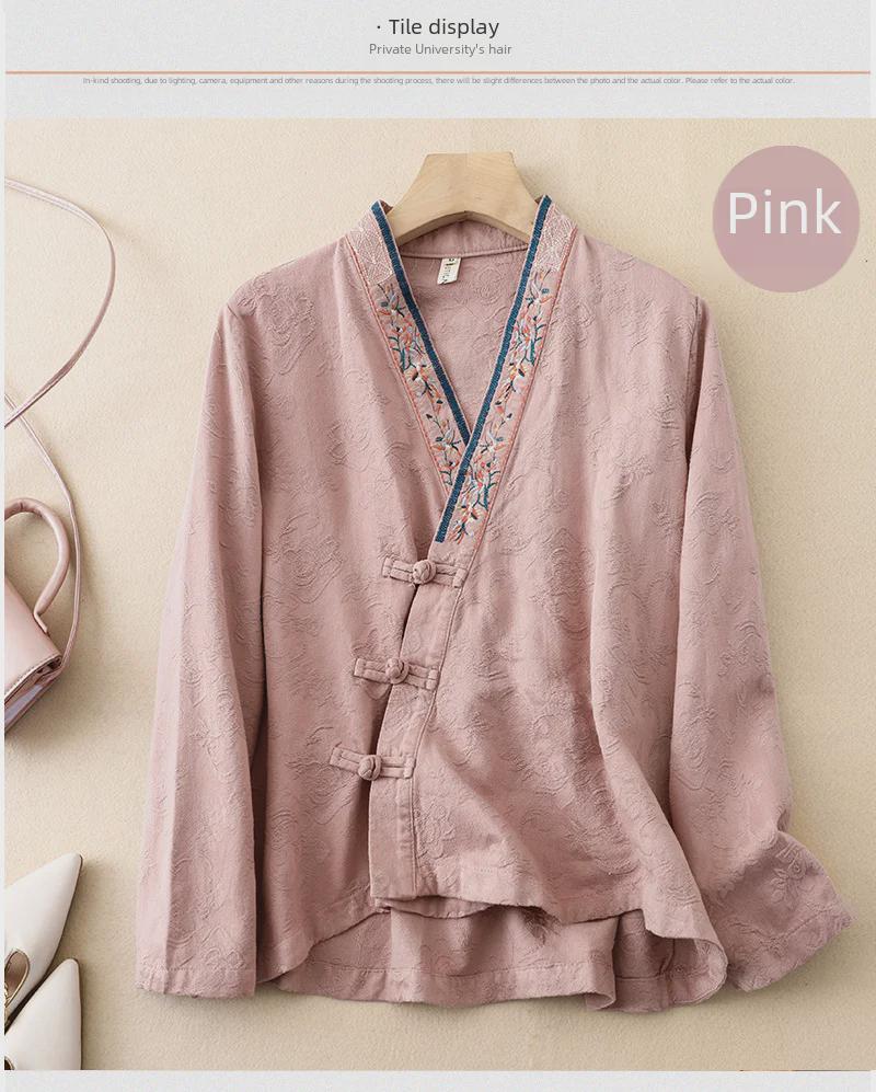 Damen Retro Chinesisch Besticktes Baumwoll-Leinen Langarm Hanfu Hemd