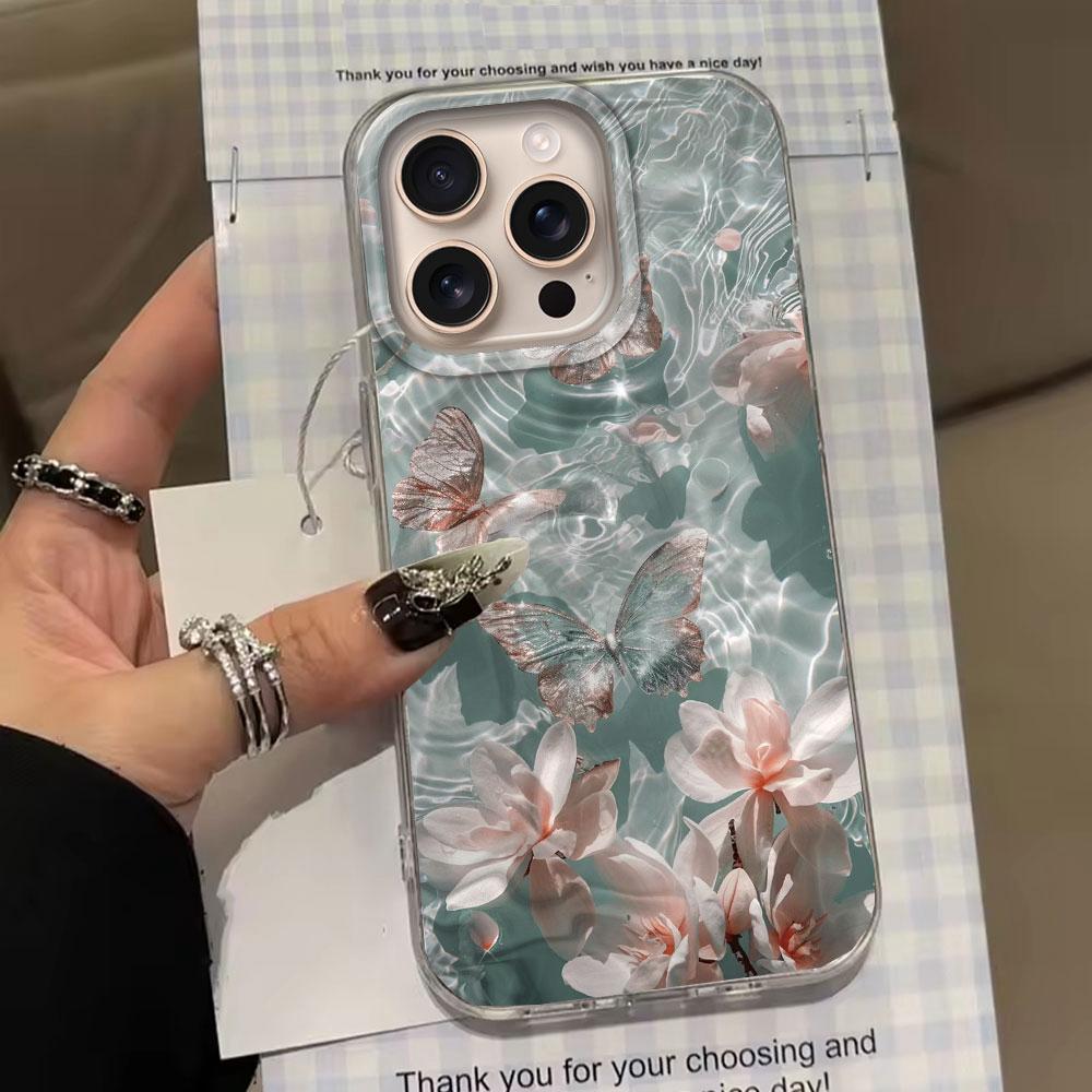 Water Wave Texture Butterfly Flower Girl Phone Case for Iphone 16 15 14 7 8 Plus 13 11 12 Pro Max X XS XR SE 2022 2020 16e Cover